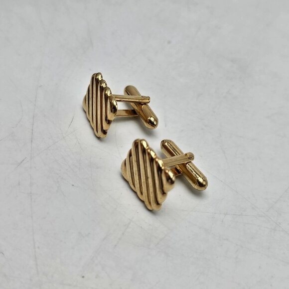 Gold-Toned Square Cufflinks With Diagonal Stripes Modernist Design - Picture 2 of 4